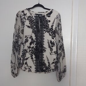 White House Black Market Black And White Sheer Sleeve Blouse